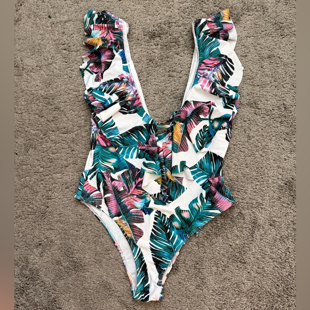 Women’s Tropical Ruffle One-Piece Swimsuit - White with Teal & Pink Leaf Print